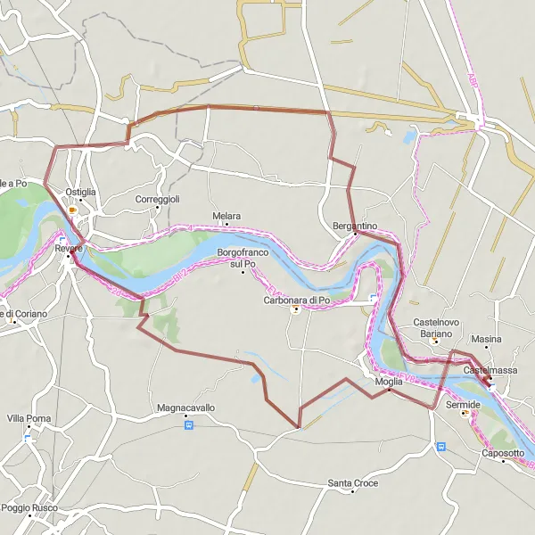 Miniatua del mapa de inspiración ciclista "Aventura en grava desde Castelmassa a Bergantino" en Veneto, Italy. Generado por Tarmacs.app planificador de rutas ciclistas