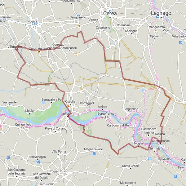 Zemljevid v pomanjšavi "Gravel kolesarska pot Castelnovo Bariano-Revere-Gazzo Veronese-Olma" kolesarske inspiracije v Veneto, Italy. Generirano z načrtovalcem kolesarskih poti Tarmacs.app