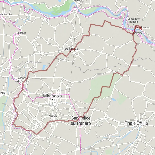 Kartminiatyr av "Lang grusvei sykling fra Castelmassa til Rovereto sulla Secchia" sykkelinspirasjon i Veneto, Italy. Generert av Tarmacs.app sykkelrutoplanlegger