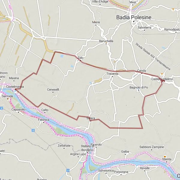 Miniatua del mapa de inspiración ciclista "Ruta por los senderos de grava alrededor de Castelmassa" en Veneto, Italy. Generado por Tarmacs.app planificador de rutas ciclistas