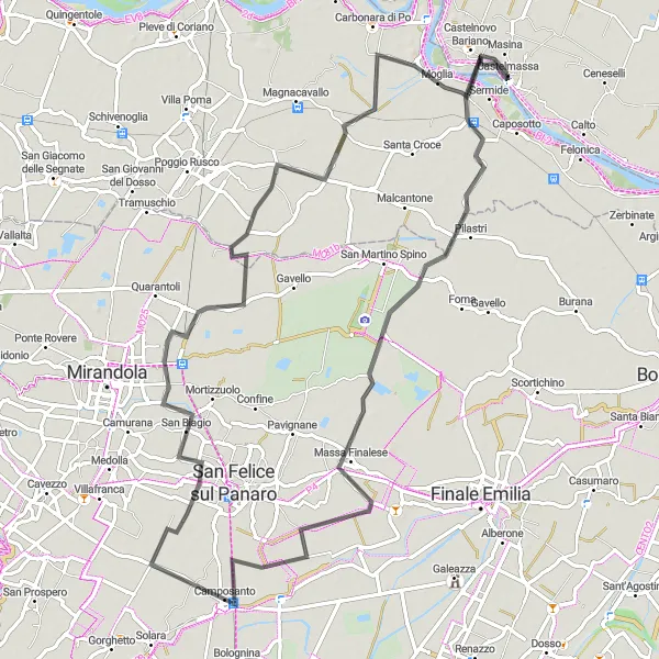 Miniatua del mapa de inspiración ciclista "Ruta de ciclismo en carretera desde Castelmassa" en Veneto, Italy. Generado por Tarmacs.app planificador de rutas ciclistas