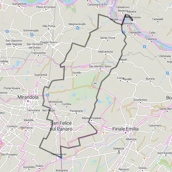 Miniatura della mappa di ispirazione al ciclismo "Cicloturismo da Castelmassa a San Biagio" nella regione di Veneto, Italy. Generata da Tarmacs.app, pianificatore di rotte ciclistiche