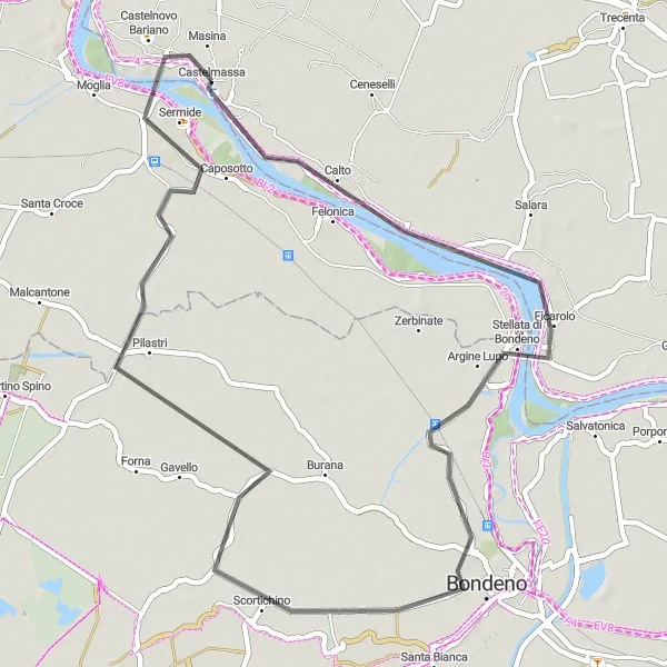 Zemljevid v pomanjšavi "Kolesarska pot Ficarolo-Bondeno-Sermide" kolesarske inspiracije v Veneto, Italy. Generirano z načrtovalcem kolesarskih poti Tarmacs.app