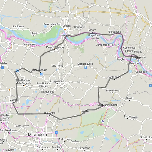 Mapa miniatúra "Cyklotrasa smerom na Bergantino cez Castelnovo Bariano a Revere" cyklistická inšpirácia v Veneto, Italy. Vygenerované cyklistickým plánovačom trás Tarmacs.app