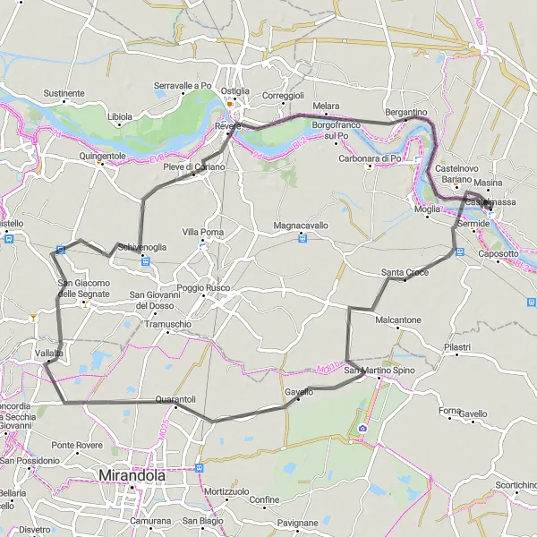 Miniatura della mappa di ispirazione al ciclismo "Passeggiata ciclistica da Castelmassa a Bergantino" nella regione di Veneto, Italy. Generata da Tarmacs.app, pianificatore di rotte ciclistiche