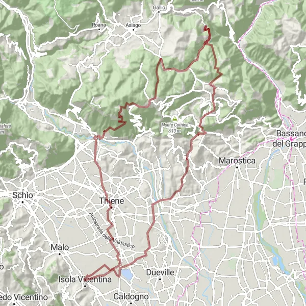 Zemljevid v pomanjšavi "Gravel avantura ob vznožju Monte Alta" kolesarske inspiracije v Veneto, Italy. Generirano z načrtovalcem kolesarskih poti Tarmacs.app