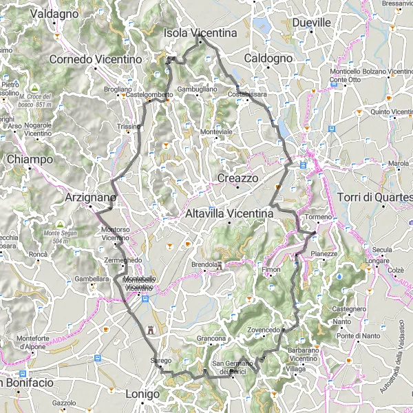 Mapa miniatúra "Cyklistická trasa s výhľadmi na Monte Mori" cyklistická inšpirácia v Veneto, Italy. Vygenerované cyklistickým plánovačom trás Tarmacs.app