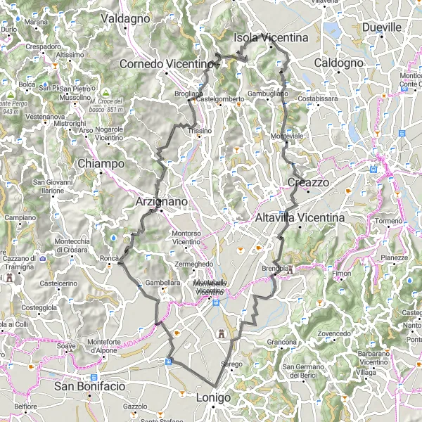 Zemljevid v pomanjšavi "Road krožna pot preko Sarega" kolesarske inspiracije v Veneto, Italy. Generirano z načrtovalcem kolesarskih poti Tarmacs.app