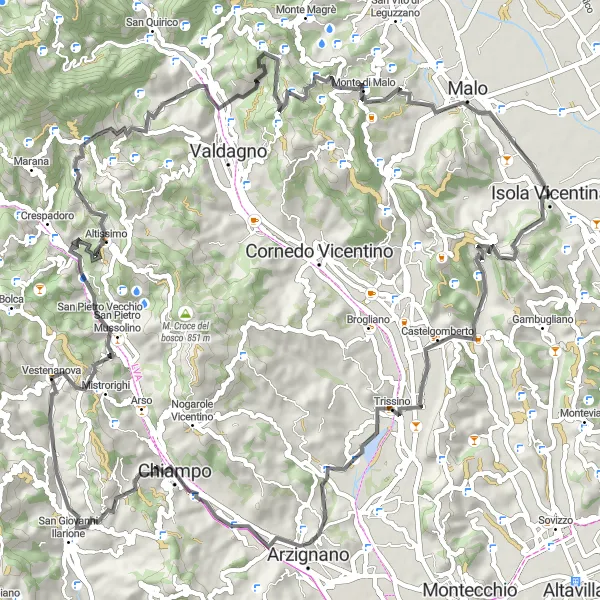 Mapa miniatúra "Cyklistická trasa cez Isolu Vicentina" cyklistická inšpirácia v Veneto, Italy. Vygenerované cyklistickým plánovačom trás Tarmacs.app