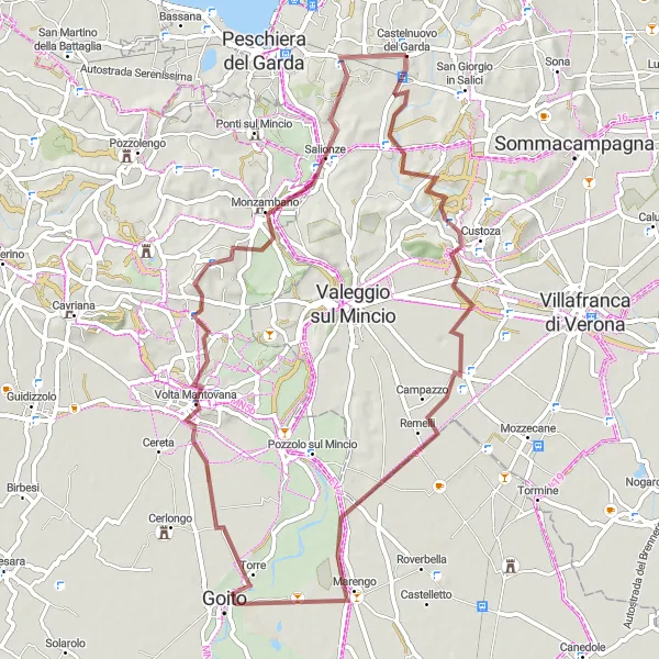 Miniatura della mappa di ispirazione al ciclismo "Esplorazione in mountain bike tra Custoza e Salionze" nella regione di Veneto, Italy. Generata da Tarmacs.app, pianificatore di rotte ciclistiche