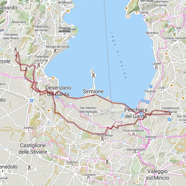 Miniaturekort af cykelinspirationen "Grusvej til Sirmione og Monte della Rovere" i Veneto, Italy. Genereret af Tarmacs.app cykelruteplanlægger