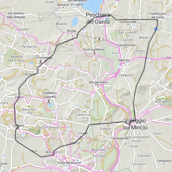 Mapa miniatúra "Cyklistická trasa cez Valeggio sul Mincio a Pozzolengo" cyklistická inšpirácia v Veneto, Italy. Vygenerované cyklistickým plánovačom trás Tarmacs.app