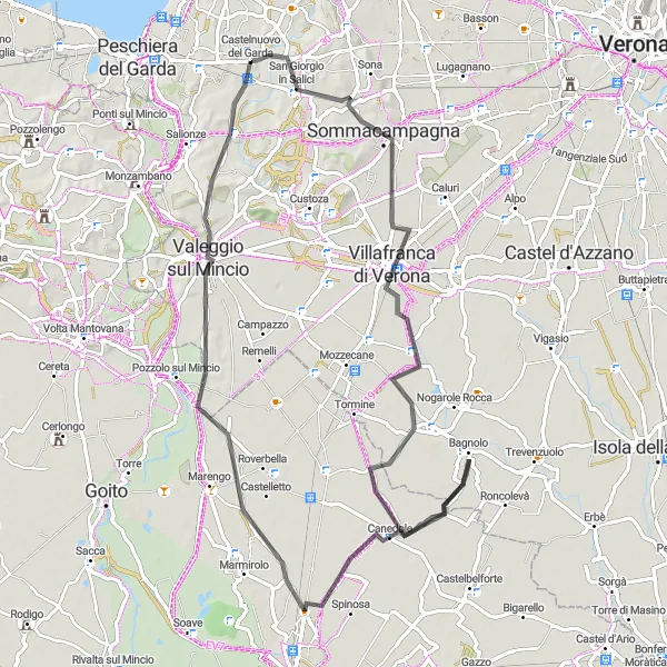 Mapa miniatúra "Cyklistická trasa Sommacampagna - Valeggio sul Mincio" cyklistická inšpirácia v Veneto, Italy. Vygenerované cyklistickým plánovačom trás Tarmacs.app
