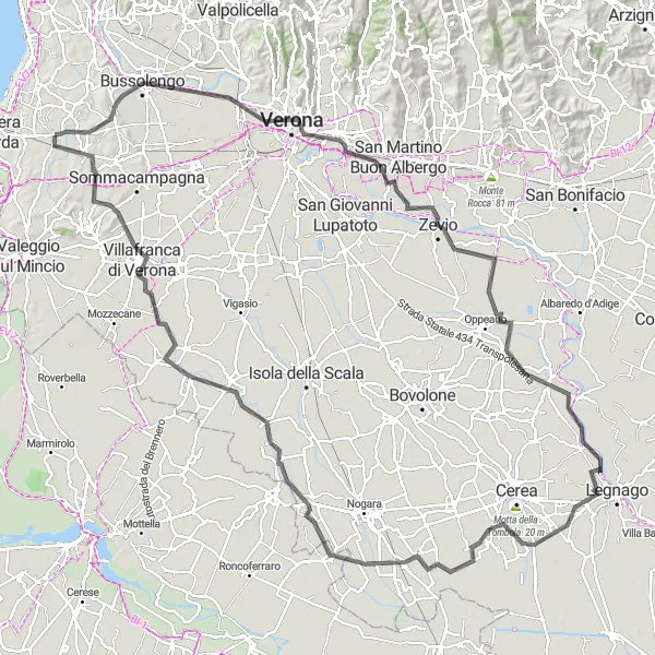 Miniatura della mappa di ispirazione al ciclismo "Avventura ciclistica da Castelnuovo del Garda a Nogarole Rocca" nella regione di Veneto, Italy. Generata da Tarmacs.app, pianificatore di rotte ciclistiche