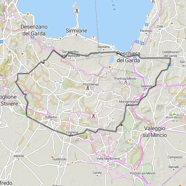 Kartminiatyr av "Vägcykling till Monte Modena och San Martino della Battaglia" cykelinspiration i Veneto, Italy. Genererad av Tarmacs.app cykelruttplanerare