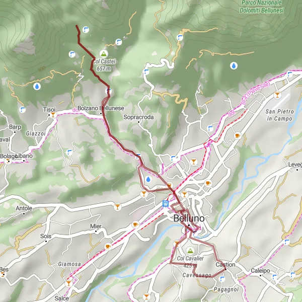 Miniatua del mapa de inspiración ciclista "Ruta de ciclismo de grava Castion-Belluno" en Veneto, Italy. Generado por Tarmacs.app planificador de rutas ciclistas