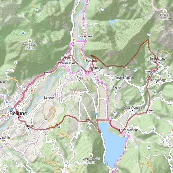 Miniatura della mappa di ispirazione al ciclismo "Esplorazione panoramica di Alpago in Gravel" nella regione di Veneto, Italy. Generata da Tarmacs.app, pianificatore di rotte ciclistiche