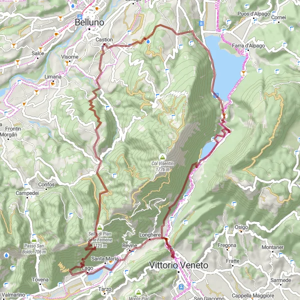 Map miniature of "Gravel Adventure to Fadalto and Col de Saler" cycling inspiration in Veneto, Italy. Generated by Tarmacs.app cycling route planner