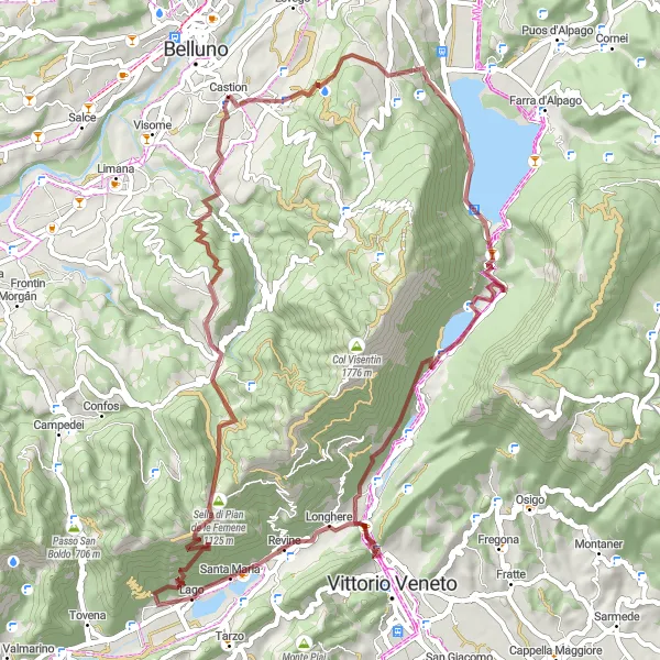 Miniatura della mappa di ispirazione al ciclismo "Circuito in Gravel tra Castion e Revine Lago" nella regione di Veneto, Italy. Generata da Tarmacs.app, pianificatore di rotte ciclistiche