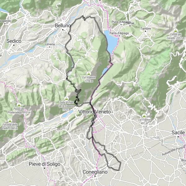 Miniature de la carte de l'inspiration cycliste "Tour de Veneto" dans la Veneto, Italy. Générée par le planificateur d'itinéraire cycliste Tarmacs.app