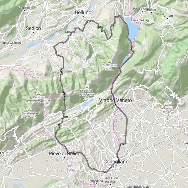 Map miniature of "Challenging Ride to Conegliano and Monte Villa" cycling inspiration in Veneto, Italy. Generated by Tarmacs.app cycling route planner