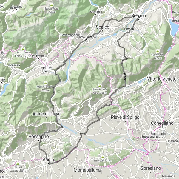Mapa miniatúra "Pestrá jazda medzi Asolom a Santa Giustinou" cyklistická inšpirácia v Veneto, Italy. Vygenerované cyklistickým plánovačom trás Tarmacs.app