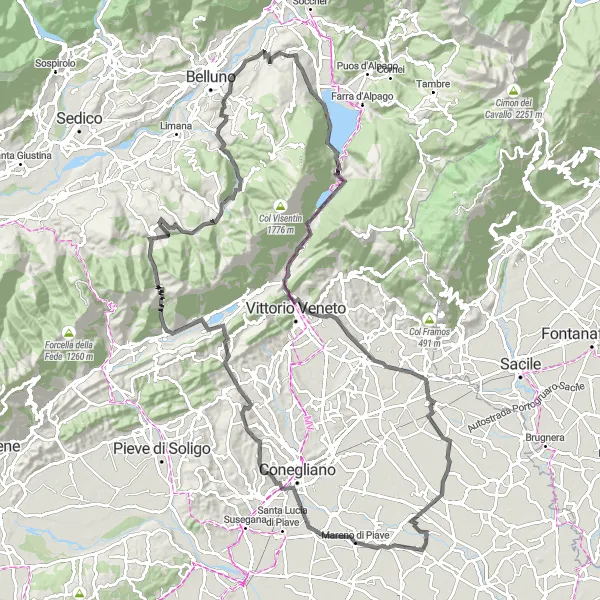 Map miniature of "The Ultimate Adventure: A Cycling Quest from Castion to Tovena" cycling inspiration in Veneto, Italy. Generated by Tarmacs.app cycling route planner