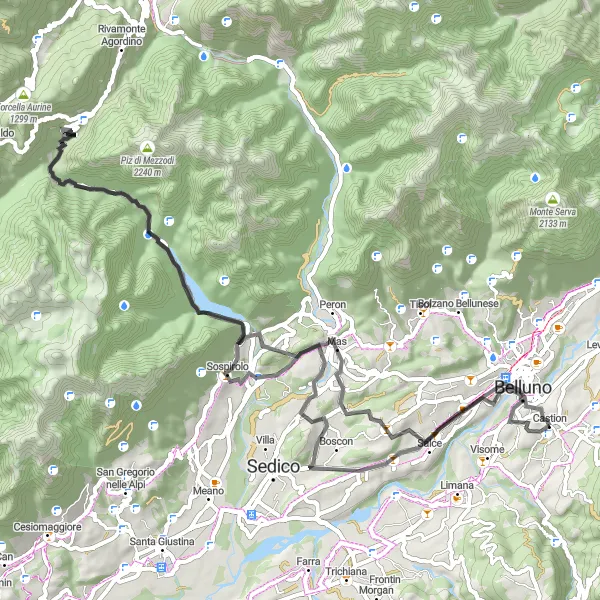 Miniatura della mappa di ispirazione al ciclismo "Periplo panoramico tra Cascate e Montagne" nella regione di Veneto, Italy. Generata da Tarmacs.app, pianificatore di rotte ciclistiche