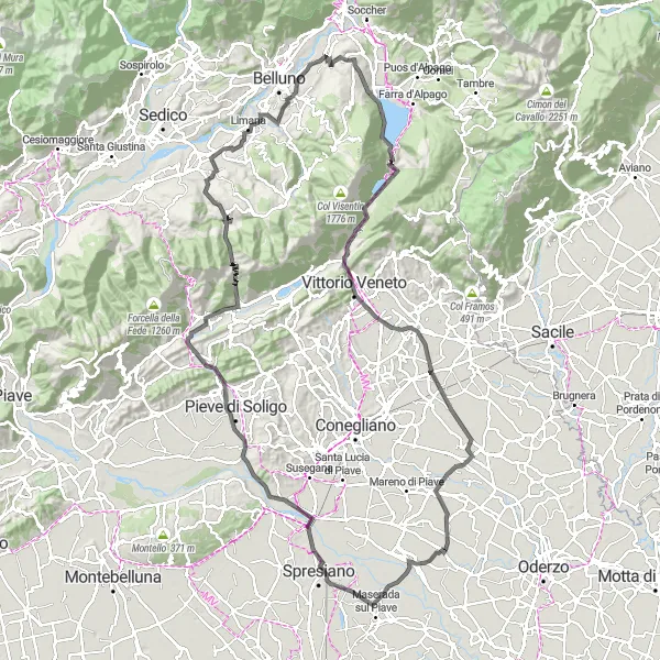 Miniature de la carte de l'inspiration cycliste "Monte Villa and Casa Sanfiori" dans la Veneto, Italy. Générée par le planificateur d'itinéraire cycliste Tarmacs.app