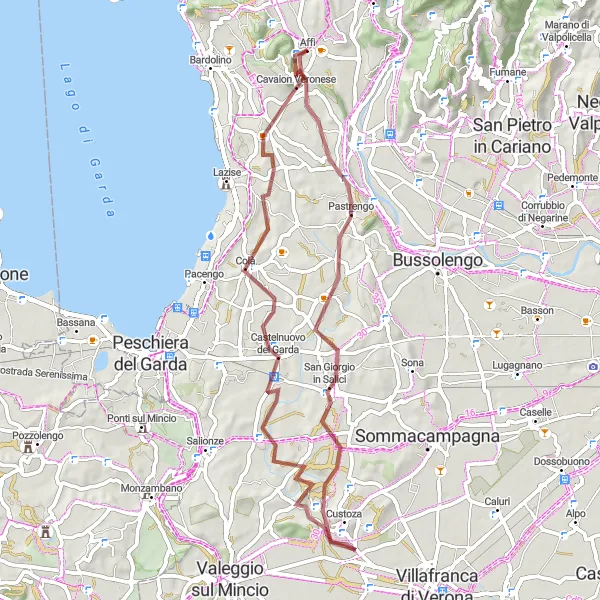 Miniatura della mappa di ispirazione al ciclismo "Esplorando la campagna veronese in gravel" nella regione di Veneto, Italy. Generata da Tarmacs.app, pianificatore di rotte ciclistiche