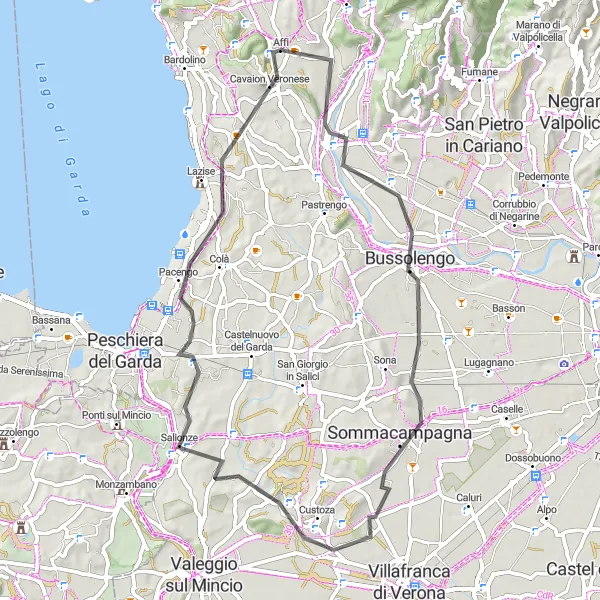 Mapa miniatúra "Krátka cesta cez okolie Cavajon Veronese" cyklistická inšpirácia v Veneto, Italy. Vygenerované cyklistickým plánovačom trás Tarmacs.app