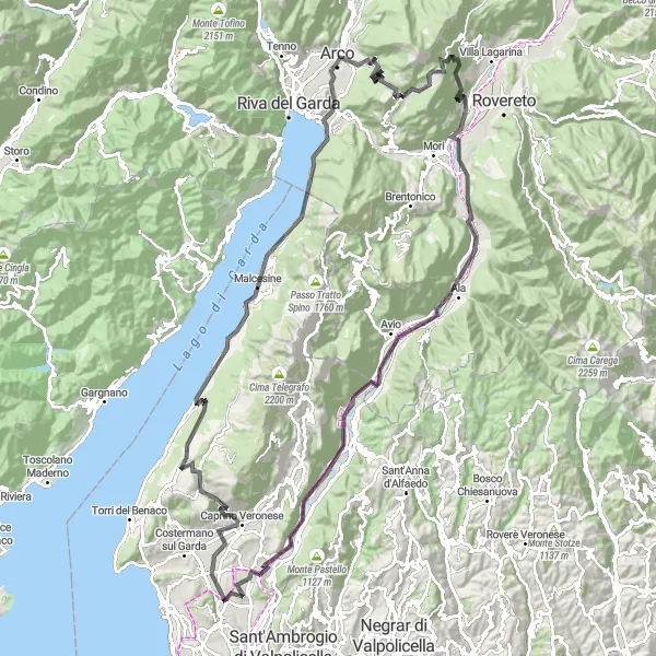 Miniatura della mappa di ispirazione al ciclismo "Giro in bicicletta da Cavajon Veronese 137 km" nella regione di Veneto, Italy. Generata da Tarmacs.app, pianificatore di rotte ciclistiche