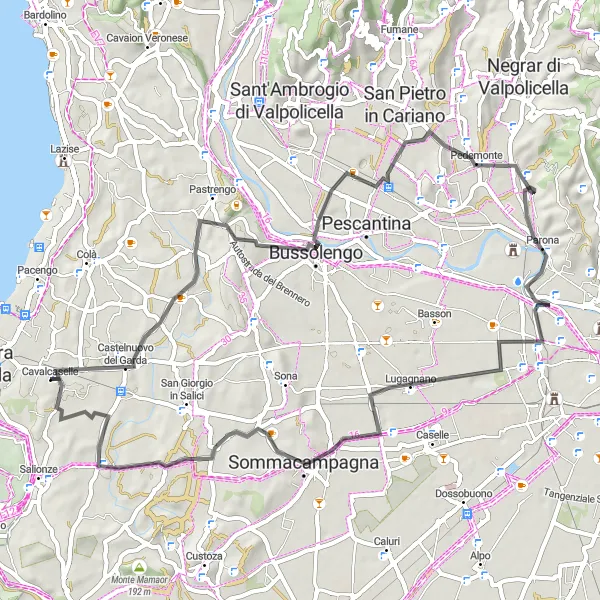 Miniatua del mapa de inspiración ciclista "Recorrido en carretera desde Cavalcaselle" en Veneto, Italy. Generado por Tarmacs.app planificador de rutas ciclistas