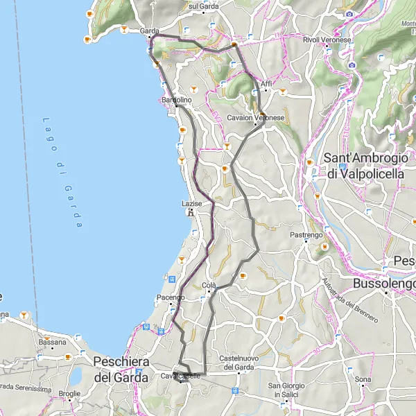 Miniatua del mapa de inspiración ciclista "Ruta de Ciclismo a Monte Moscal y Albarè desde Cavalcaselle" en Veneto, Italy. Generado por Tarmacs.app planificador de rutas ciclistas
