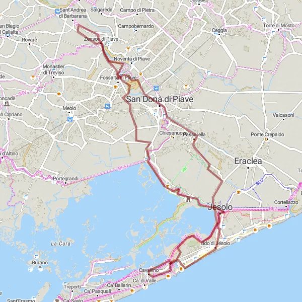 Mapa miniatúra "Gravelová trasa od Lida di Jesolo do Ca' di Valle" cyklistická inšpirácia v Veneto, Italy. Vygenerované cyklistickým plánovačom trás Tarmacs.app