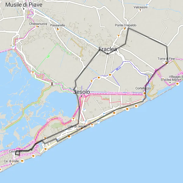 Miniatuurkaart van de fietsinspiratie "Kustrit van Jesolo naar Eraclea, Cortellazzo en Cavallino" in Veneto, Italy. Gemaakt door de Tarmacs.app fietsrouteplanner