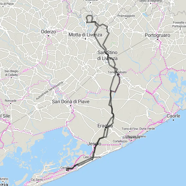 Map miniature of "Cavallino - Lido di Jesolo - Eraclea - Torre di Mosto - San Stino di Livenza - Cà Fornera" cycling inspiration in Veneto, Italy. Generated by Tarmacs.app cycling route planner