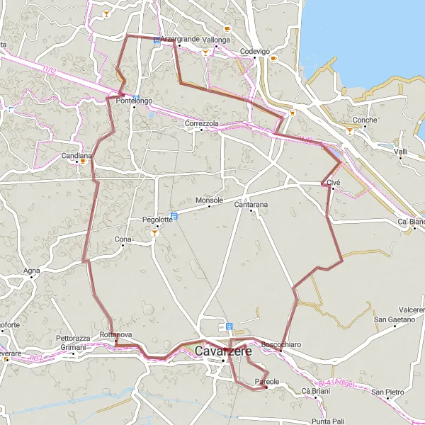 Miniature de la carte de l'inspiration cycliste "Découverte Gravel des Marais de Vénétie" dans la Veneto, Italy. Générée par le planificateur d'itinéraire cycliste Tarmacs.app