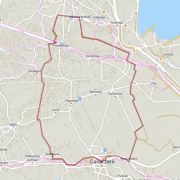 Miniatura della mappa di ispirazione al ciclismo "Cavarzere - Boscochiaro (alternativo)" nella regione di Veneto, Italy. Generata da Tarmacs.app, pianificatore di rotte ciclistiche