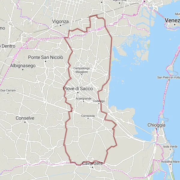 Mapa miniatúra "Trasa cez vesnicu Vetrego" cyklistická inšpirácia v Veneto, Italy. Vygenerované cyklistickým plánovačom trás Tarmacs.app