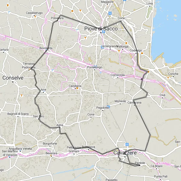 Mapa miniatúra "Okružná cyklotrasa cez Pettorazza Grimani" cyklistická inšpirácia v Veneto, Italy. Vygenerované cyklistickým plánovačom trás Tarmacs.app