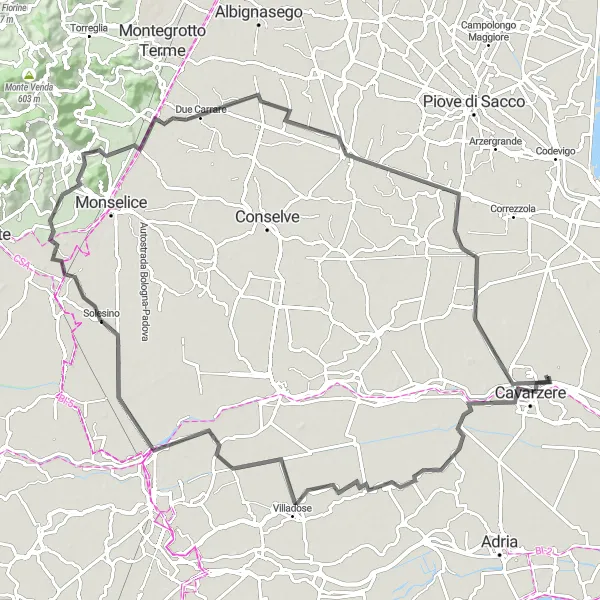 Map miniature of "Challenging Road Cycling Route with Adrenaline at Due Carrare" cycling inspiration in Veneto, Italy. Generated by Tarmacs.app cycling route planner