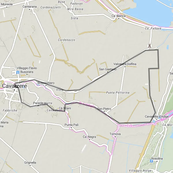 Miniatua del mapa de inspiración ciclista "Ruta de Ciclismo de 38 km cerca de Cavarzere" en Veneto, Italy. Generado por Tarmacs.app planificador de rutas ciclistas