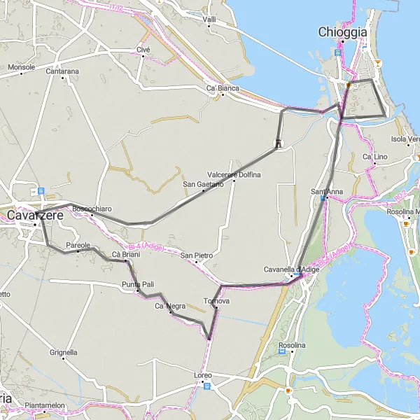 Miniatura della mappa di ispirazione al ciclismo "Giro in bicicletta road da Cavarzere a Ca' Negra" nella regione di Veneto, Italy. Generata da Tarmacs.app, pianificatore di rotte ciclistiche