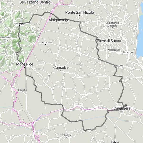 Mapa miniatúra "Cyklistická trasa okolo Cavarzere" cyklistická inšpirácia v Veneto, Italy. Vygenerované cyklistickým plánovačom trás Tarmacs.app