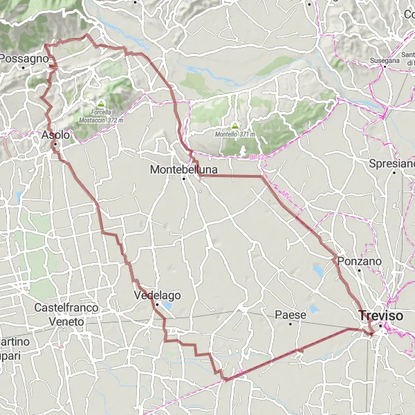 Miniaturní mapa "Exkurze po oblíbených hravel trasách kolem Cavaso del Tomba" inspirace pro cyklisty v oblasti Veneto, Italy. Vytvořeno pomocí plánovače tras Tarmacs.app