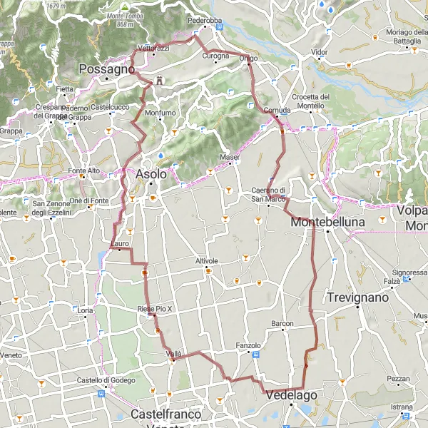 Miniatua del mapa de inspiración ciclista "Ruta de Grava a través de Caerano di San Marco" en Veneto, Italy. Generado por Tarmacs.app planificador de rutas ciclistas