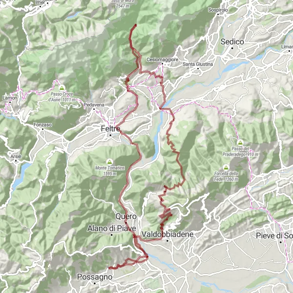 Karttaminiaatyyri "Gravel-seikkailu Grappan vuoristossa" pyöräilyinspiraatiosta alueella Veneto, Italy. Luotu Tarmacs.app pyöräilyreittisuunnittelijalla