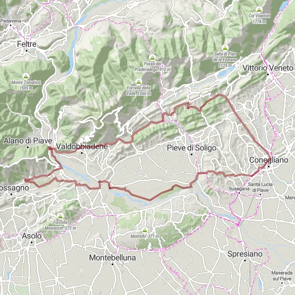 Miniaturekort af cykelinspirationen "Spændende mountainbike-rute gennem Conegliano" i Veneto, Italy. Genereret af Tarmacs.app cykelruteplanlægger