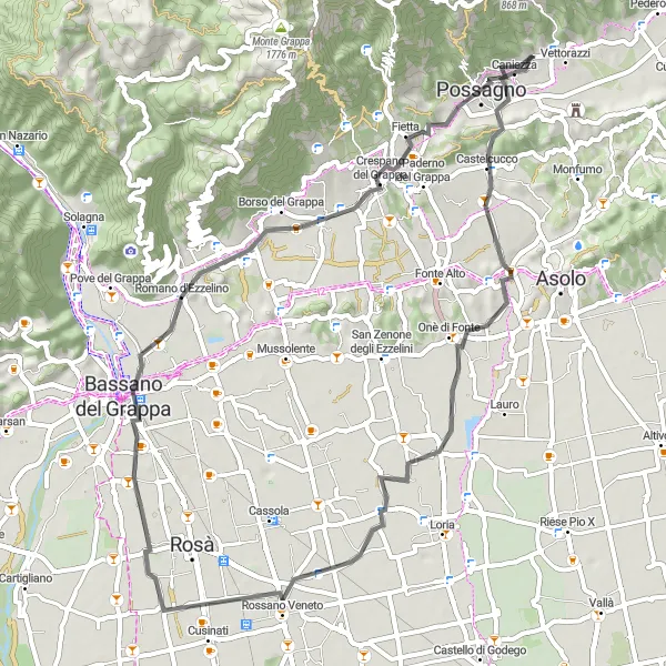 Miniaturní mapa "Krátký okruh kolem Grappa" inspirace pro cyklisty v oblasti Veneto, Italy. Vytvořeno pomocí plánovače tras Tarmacs.app